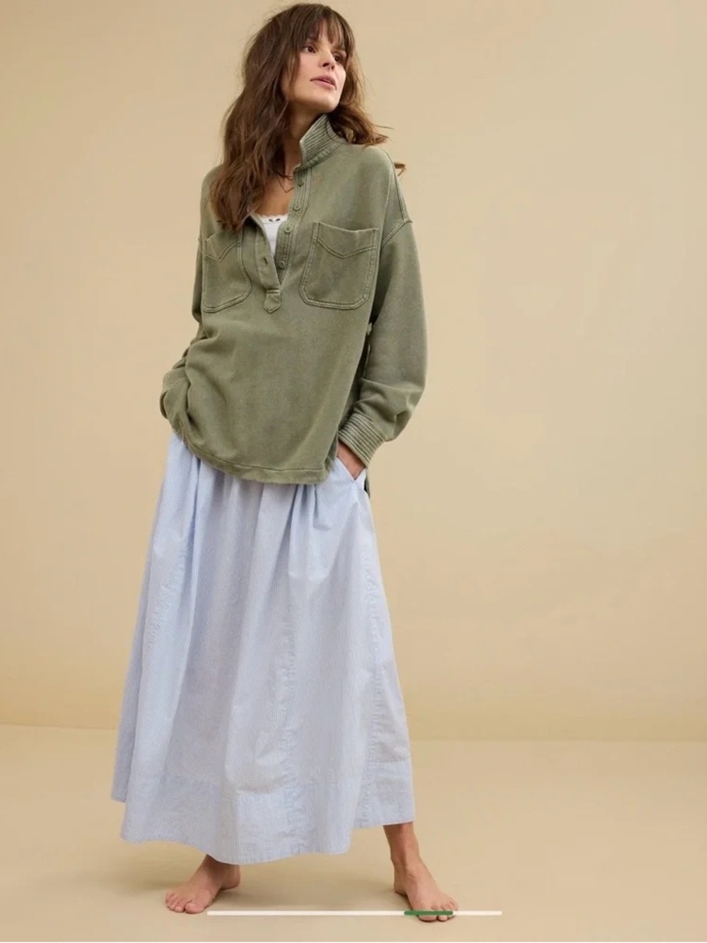 aerie Olive Green Popover Polo Sweatshirt in Medium